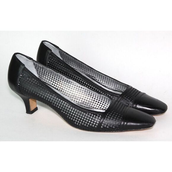 Rangoni Black Leather Firenze Italy Perforated Square Toe Pumps, Size  7B - Picture 6 of 7